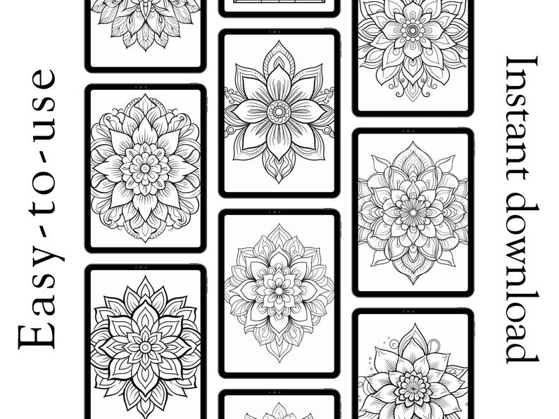 Peut inclure: Plusieurs motifs de mandalas en noir et blanc pr&eacute;sent&eacute;s sur des tablettes. L'image pr&eacute;sente divers motifs floraux, parfaits pour la coloration. Le texte &agrave; gauche indique "Easy-to-use" et &agrave; droite "Instant download".