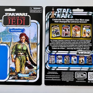 May include: Star Wars Tales of the Jedi action figure card featuring Nomi Sunrider. The card has a blue and white background with the Star Wars logo and the Kenner logo. The back of the card has the Star Wars Vintage Collection logo.