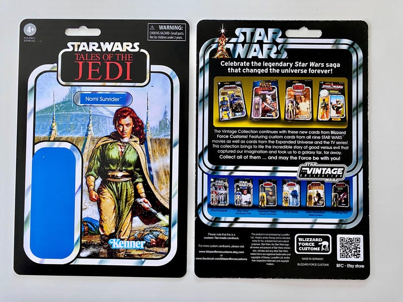 May include: Star Wars Tales of the Jedi action figure card featuring Nomi Sunrider. The card has a blue and white background with the Star Wars logo and the Kenner logo. The back of the card has the Star Wars Vintage Collection logo.