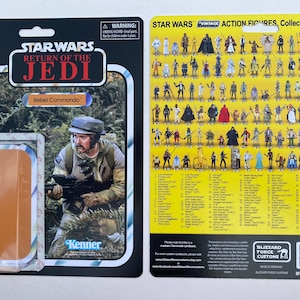 May include: A vintage Star Wars action figure card featuring a Rebel Commando from the Return of the Jedi movie. The card is yellow and features a picture of the action figure in the front and a list of all the Star Wars action figures on the back.