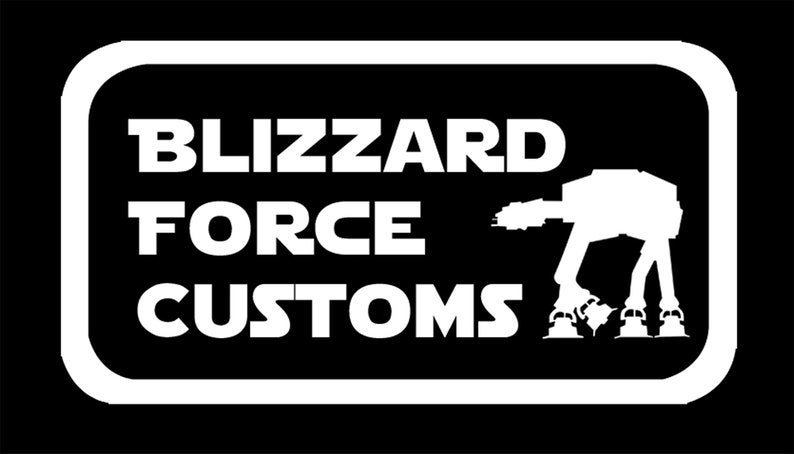 May include: A black and white logo with the text "BLIZZARD FORCE CUSTOMS" inside a rounded rectangle. A white silhouette of a four-legged walker is on the right side of the logo. The logo is designed in a bold, blocky font.