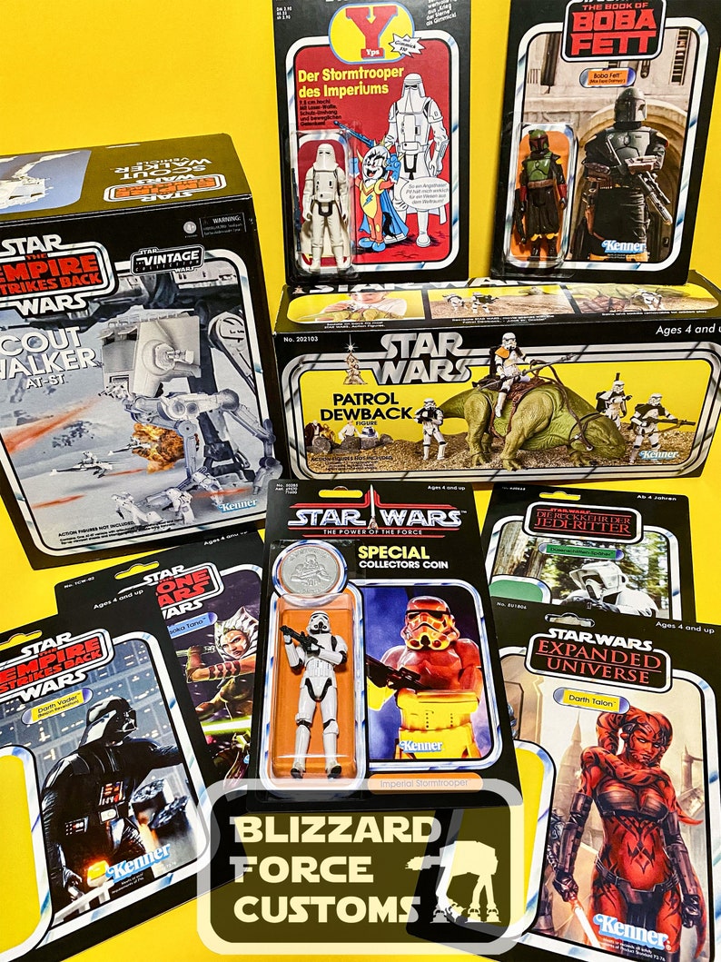 May include: A collection of vintage Star Wars action figure boxes and carded figures. The figures include characters like Darth Vader, Boba Fett, and Stormtroopers. The packaging features the Kenner logo and various Star Wars logos.