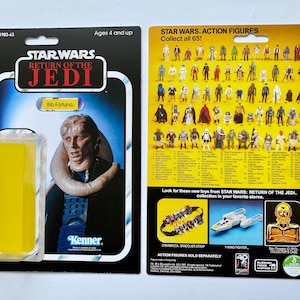 May include: A vintage Star Wars action figure card featuring Bib Fortuna from Return of the Jedi. The card is black and yellow with a picture of Bib Fortuna on the front. The back of the card features a list of other Star Wars action figures.