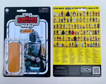 May include: A vintage Star Wars action figure card featuring Boba Fett. The card is black and white with a yellow background. The figure is shown in a green and brown costume with a jetpack. The card also includes a checklist of all 96 figures in the collection.