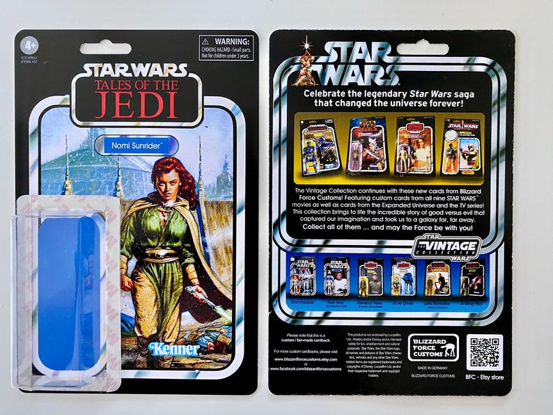 May include: A Star Wars action figure card featuring Nomi Sunrider from Tales of the Jedi. The card has a vintage design with a picture of the character and the Kenner logo. The back of the card has text about the Vintage Collection.