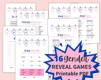 May include: A printable PDF pack of 16 gender reveal games. The games include baby bingo, baby trivia, and a celebrity baby name matching game. The games are pink and blue with a starburst design.
