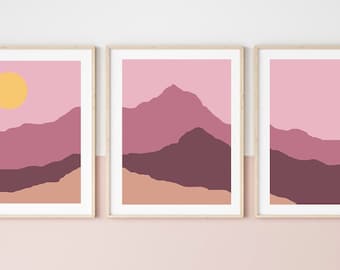 Set of 3 Mountain Print, Boho Wall Art, Neutral Pinks Landscape, Nature Prints, Above Bed Art, Digital Download, Bedroom Wall Art