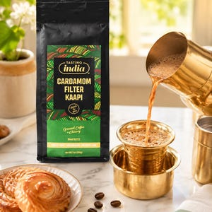 May include: A black bag of Tasting India Cardamom Filter Kaapi ground coffee with chicory, net weight 7oz. A brass vessel is being filled with coffee from a brass pitcher, next to a plate of golden pastries, scattered coffee beans, and cardamom pods.