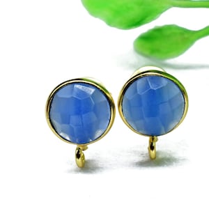 Blue Chalcedony 8mm Round Earring Connector,Ear Post Studs Connectors,Ear Studs,Gemstone,DIY Jewelry Making Supply,Earring Making Connector