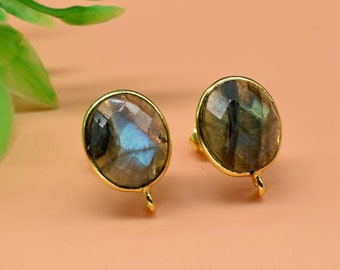 Labradorite 10x12mm oval Earring Connector,Labradorite Jewelry,DIY Jewelry Findings,Gemstone Post Stud Connector,Earring Making Connector