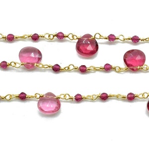 Pink Tourmaline 2mm Beaded & Heart shape Chain,Faceted Rosary Chain,Gems Rosary Style,Beaded Wire Wrapped Fuchsia Diamond Cut Gemstone Beads