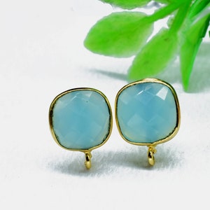 Aqua Chalcedony 10mm Cushion Earring Connector,Cushion Earrings Connector, Earring Connector,Aqua Jewelry,Gemstone Ear Post Studs Connector