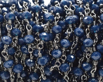 Cadena de cuentas de ágata azul de 3 mm, cadenas de rosario de ágata azul, cadena de fabricación de joyas, cadena de rosario, cadena de envoltura de alambre de rodio negro de ágata azul, cadena de latón