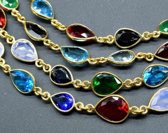 Multi Pear Shape Bezel Chain,Hanging Bezel Link Chain Supply,bezel chains,Multi Stone Faceted Bezel Link Connectors Chain, Gold Plated Chain