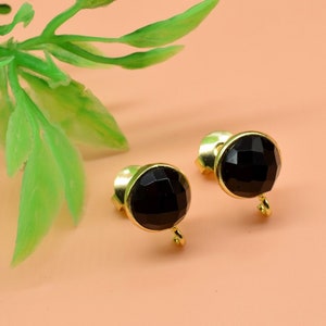 8mm Round Earring Connector,DIY Jewelry Making Supply,Round Connector,Black Gemstone Ear Post Studs,Black Onyx Earring Connectors,