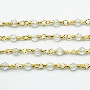 Crystal 3mm Beaded Chain,Rosary Bead,Easy Open Eyepin gold Chain,Super Sparkly, By Foot, Wrapped Brass Wire, Necklace, Bracelet