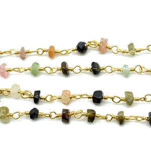 Multi Tourmaline Rosary Chain,Natural Multi Tourmaline beaded Chain,gold chain,Multi Tourmaline Wire Wrapped Rosary,3 to 3.5mm beaded chain