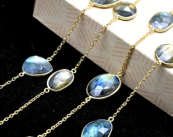 Labradorite Oval Shape Connector Chain,Labradorite bezeld chain,Blue Flashy Labradorite connector link Chain-Natural Labradorite Bezel Chain