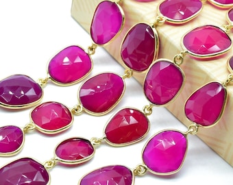 Rosa Chalcedon-Verbinderkette, freie Form-Lünetten-Verbinderkette, Lünetten-Stations-Kette, Pink Chalcedon vergoldete Lünetten-Verbinder-Kette