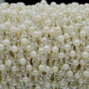 Fresh Water Pearl Wire Wrap Chain,3mm Pearl Beaded Chain, Natural Fresh Water Pearl Rosary Chain, Pearl Beads wire wrapped chain
