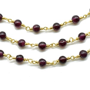 Garnet 4mm Round Beaded Chain,Brass Wire Wrapped Links,Garnet rosary,Premier Quality Non Tarnish Gold Wire,Garnet Wire Wrapped Rosary Chain