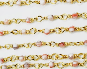 Pink Opal Rosary chain,Pink Opal beaded chain,Opal rosary, beaded chain roll,Gemstone beaded chain,2mm beaded chain,Gold plated beaded chain