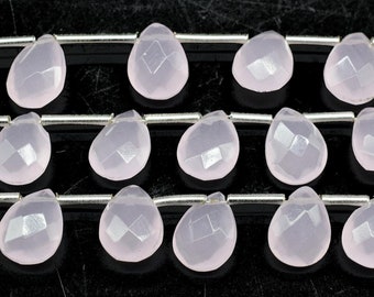 Briolette de pera facetada de calcedonia rosa, cuentas de cuarzo rosa brillantes completas de 6 "hebra de calcedonia rosa briolettes de calcedonia, cuentas de calcedonia rosa