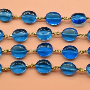 Blue Topaz Briolette Beads,Rosary Chain Gold Plated Wire,Blue Topaz Oval Shape Rosary,Blue Topaz Oval Beaded Chain,Topaz Wire Wrapped Rosary