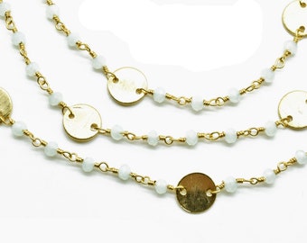 Aqua Chalcedony 3-3.5mm Rondelle Faceted circle Charm,Beaded Gold Plated Wire Wrapped,24K Gold Plated Rosary Chain,Chalcedony Beaded Chain