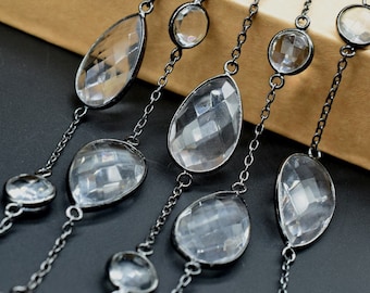 Crystal Clear Quartz black rhodium Bezel Chain IBrass Chain,Gemstone Connector Chain Per Foot,Bezel link Chain I Handmade Bezel Link Chain
