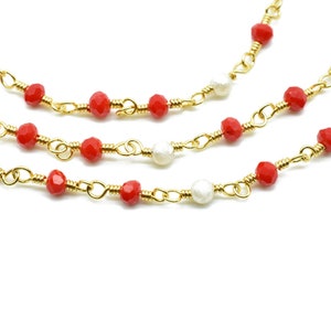 Ruby Chalcedony 3mm Beaded Chain,,Beaded rosary chain,pearl chain,pearl Wire Wrapped Chain,Ruby Chalcedony Brass chain,Jewelry Making Chain