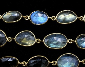 Labradorite Oval Shape Connector Chain,Labradorite bezeld chain,Blue Flashy Labradorite connector link Chain-Natural Labradorite Bezel Chain