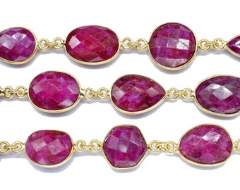 Ruby Bezel Jewelry Natural Ruby Faceted Connectors, Gold Bezel Chain,Free Size Gemstone Connector,Handmade Station Bezel Link Chain