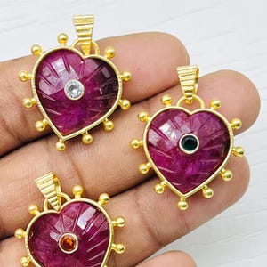 Natural Ruby Thorny Heart Pendant Charm with Sparkling Round Zircon | Handmade Gemstone Inlay Carved | DIY Necklace Pendant Jewelry | Gift