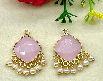 Rose Quartz and Pearl Dangle Charms | Dangle Gold Plated Earring Connector | Handcrafted Gold-Plated Jewelry Accents for Earrings | Gift