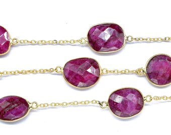 Ruby Bezel Chain, Free Size Gemstone Connector, Jewelry Making Chain, Handmade Chain, Ruby Bezel Jewelry  Ruby Faceted Bezel Chain Connector