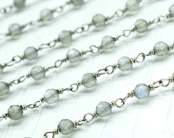 Natural Labradorite Beaded Chain,Handmade Rosary Jewelry Making,Gemstone Rosary Chain,Wire Wrapped Rosary Chain,Silver Plated Chain links