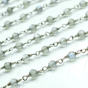 Natural Labradorite Beaded Chain,Handmade Rosary Jewelry Making,Gemstone Rosary Chain,Wire Wrapped Rosary Chain,Silver Plated Chain links