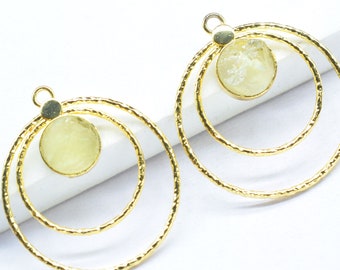 Raw Lemon Quartz Round Bezel Connector/Jewelry Findings/Raw Lemon Quartz Earring/designer Bezel/Rough Gemstone Necklace Pendant/Lemon Quartz