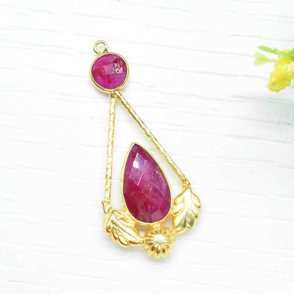 Natural Ruby Gemstone Component/Ruby Handmade Pendant/Gold Plated Gemstone Connectors/Ruby Handmade Pendant/Women Jewelllery/,Birthday Gift