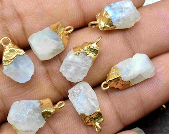 Moonstone Raw Stone Pendant,Freeform Pendant,Single Bail Pendant,Rainbow Rough Electroplated Birthstone Charm,Gemstone Pendant Jewelry
