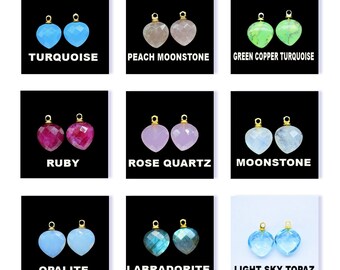 May include: A collage of nine images showcasing different gemstone heart pendants. Each image features two heart-shaped pendants with gold accents, showcasing a variety of colors, including turquoise, peach moonstone, green copper turquoise, ruby, rose quartz, moonstone, opalite, labradorite, and light sky topaz.