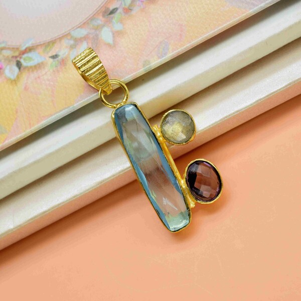 Wisiorek z wieloma kamieniami, biżuteria z labradorytem, fasetowany wisiorek Sky Topaz 6 x 25 mm w kształcie prostokąta, wisior z kamieniem szlachetnym, biżuteria z ametystem