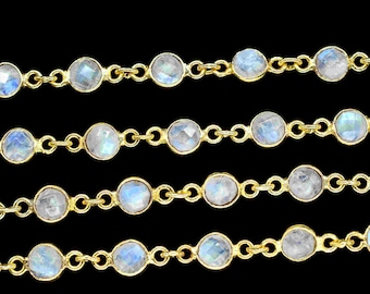 Cadena de rosario de cuentas de bisel redondo, Conector de joyería de arco iris Conector de cadena de bisel de piedra lunar de arco iris, Cadena de piedras preciosas chapada en oro, Cadena de pulsera