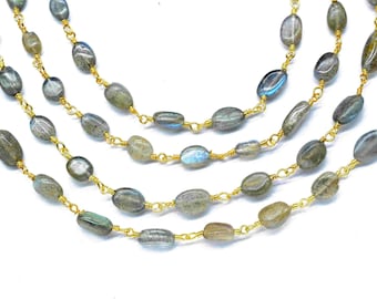 Labradorite Oval Smooth Beads Chain,Labradorite Beads Rosary Chain,Gemstone Rosary Chain,Oval Shape Wire Wrapped Chain,Handmade Jewelry,Gift