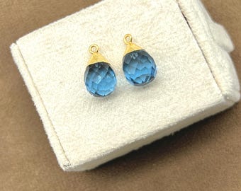 London Blue Topaz Drops – 10x14mm Faceted Gemstone Charms | Healing Crystal Jewelry Making Supplies | Gold Electroplated Gemstone Drops