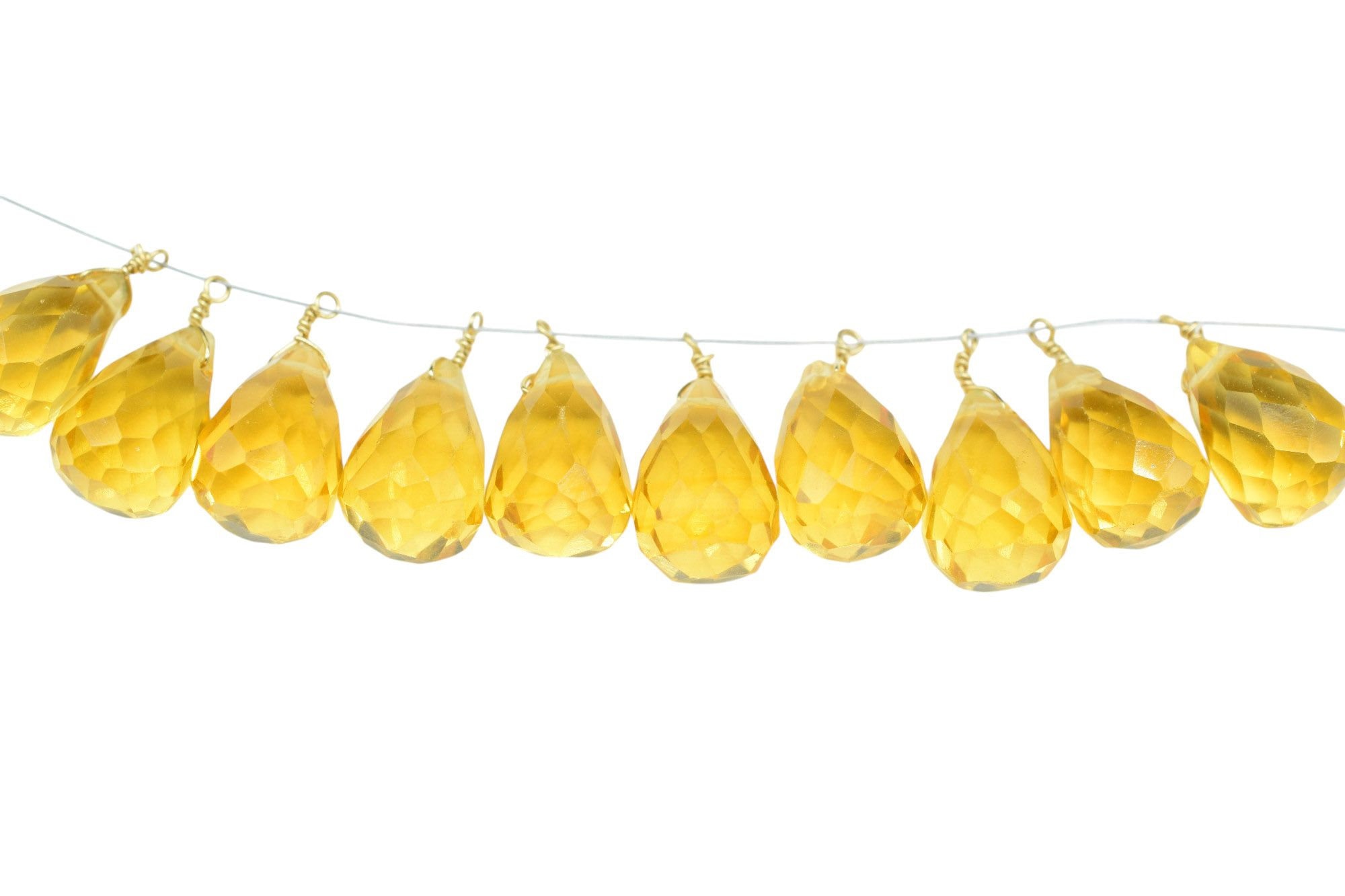 Perles Briolette Quartz Citrine Facettées - Goutte 20x8mm, Trou 0.5mm, Inde