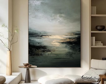 Large Green Landscape Abstract Painting Green And Black Textured Canvas Painting Olive Green Abstract Landscape Painting Neutral Decor