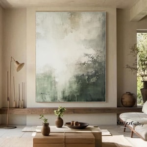 Green Textured Painting Large Beige Wabi-Sabi Wall Art Modern Neutral Beige Wall Art Nordic Green Canvas Painting Bedroom Beige Wall Decor