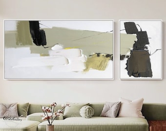 Light Green Abstract Texture Painting Black and White Painting White Abstract  3D Texture Art Green Minimalist Art Set of 2 Green Paintings